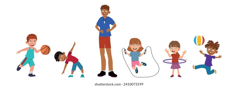 Teacher conducts a physical education lesson, vector flat illustration on a white background. Children train, play sports, do exercises. Physical education lesson for children's health.