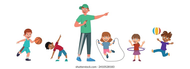 Teacher conducts a physical education lesson, vector flat illustration on a white background. Children train, play sports, do exercises. Physical education lesson for children's health