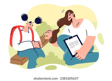 Teacher consoles upset teenage girl sitting on park bench and in need of support because of child bullying. Caring mother consoles sad daughter after receiving bad grade or quarrel with friends.
