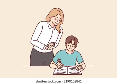 Teacher control boy child writing in notebook  Female tutor look at kid handwrite in classroom  School education concept  Vector illustration  