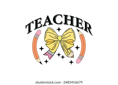 Teacher Coquette Pencil Bow Design, Escuela de Profesores Kindergarten Groovy Camiseta retro Diseños