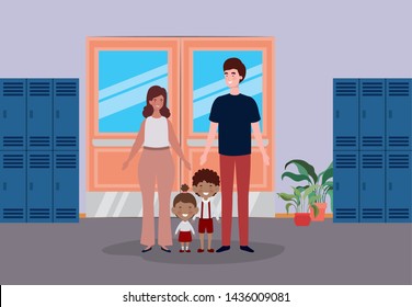 teacher couple with little students kids in the school corridor