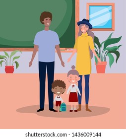 teacher couple with little students kids in the classroom