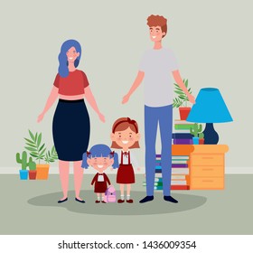teacher couple with little students kids in room