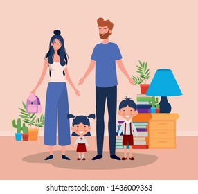 teacher couple with little students kids in room