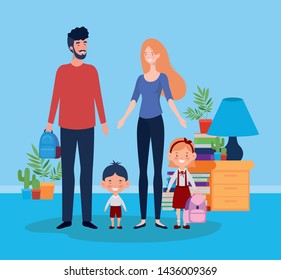 teacher couple with little students kids in room