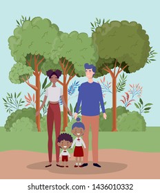 teacher couple with little students kids in the landscape