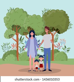 teacher couple with little students kids in the landscape