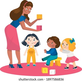 Maestra con cubos, niños pequeños jugando. Ilustración de diseño plano. Vector