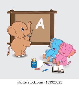 Maestra y elefantes lindos en el aula. Ilustración vectorial.