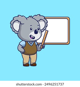 Teacher Cute Koala Pointing Ruler To a Whiteboard Cartoon Vector Icon Illustration. Animal Education. Flat Cartoon Concept.