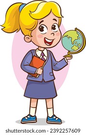 teacher cute little girl holding a globe. Vector illustration.