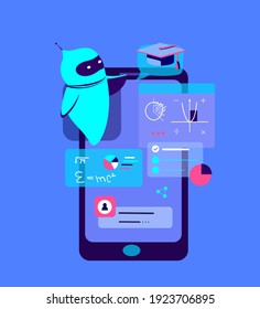 Bot de Cyber Robot del profesor.Inteligencia artificial.Ayuda del entrenador, Internet.Aplicación escolar de Smartphone, educación a distancia.Tutorial de lección digital en línea.Pantalla móvil.Aprendizaje en el hogar.Ilustración vectorial