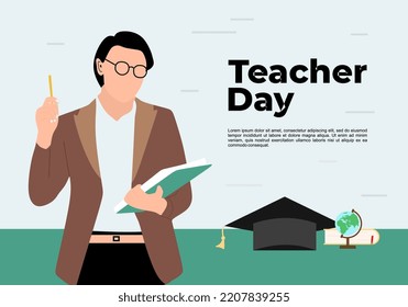 Teacher day background with man bring book, hat and globe.