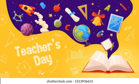 Teacher day banner. Template for sale page design. Cartoon and colorful style. Open book with flying elements: rocket, school supplies, stars, letters,  ruler, notebook, pencil.