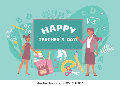 Teacher day card flat composition with text on blackboard and stationery goods with pupil and tutor vector illustration