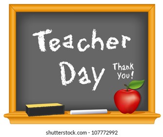 Teacher Day Chalkboard. Thank You! Annual holiday in United States on Tuesday of first full week of May. Red apple, eraser, chalk text, wood frame blackboard,  EPS8 compatible.