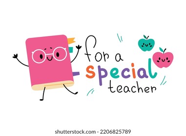 Teacher day concept. Happy pink book with glasses and inscription for special and special. Graphic element for website, International holidays, September 1 and autumn. Cartoon flat vector illustration