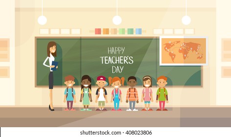 Teacher Day Holiday Class School Children Group Flat Vector Illustration