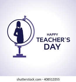 Teacher Day Holiday Silhouette Woman On Globe Greeting Card Flat Vector Illustration