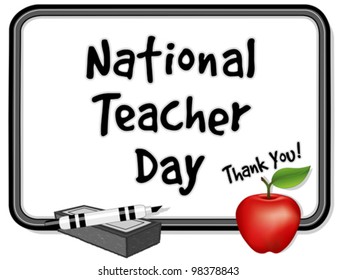 Teacher Day Whiteboard, national holiday held annually since 1984 on Tuesday of first full week of May. Thank you, red apple, marker pen, eraser. EPS8 compatible.
