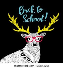 Teacher deer print. Creative vector illustration of wild animal in glasses.