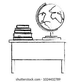 teacher desk with books and lamp