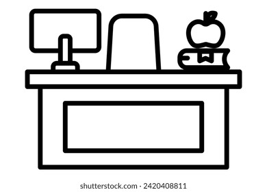 Teacher desk icon with computer. icon related to education, technology integrated teaching hub. line icon style. element illustration