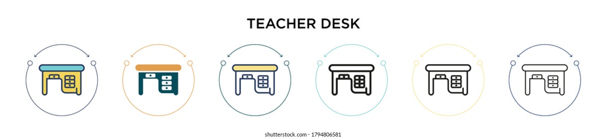 Teacher desk icon in filled, thin line, outline and stroke style. Vector illustration of two colored and black teacher desk vector icons designs can be used for mobile, ui, web