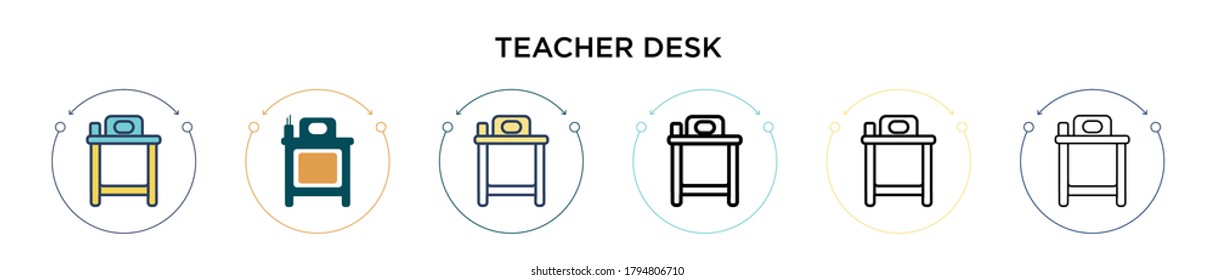 Teacher desk icon in filled, thin line, outline and stroke style. Vector illustration of two colored and black teacher desk vector icons designs can be used for mobile, ui, web
