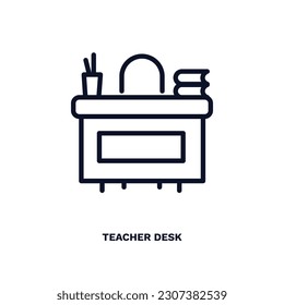 teacher desk icon. Thin line teacher desk icon from distance learning collection. Outline vector isolated on white background. Editable teacher desk symbol can be used web and mobile