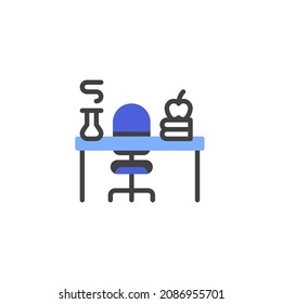 Teacher desk line icon. linear style sign for mobile concept and web design. School desk with books and apple outline vector icon. Symbol, logo illustration. Vector graphics