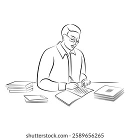 Teacher at the desk at school. Man checking students' notebooks. Graphic image. Vector illustration.