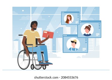 Teacher with disability reading book for students online vector illustration. Cartoon kids training with man sitting in wheelchair on interactive virtual video lecture. Education, knowledge concept