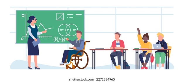 Teacher and disabled boy in wheelchair near blackboard. Woman teaches injured student. School classroom. Math lesson. Children studying. Inclusive university education