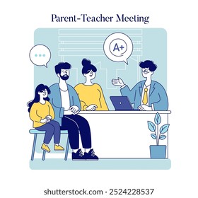 Teacher discussing academic progress with parents during a meeting, showcasing an A rating. Collaborative education approach. Vector illustration.