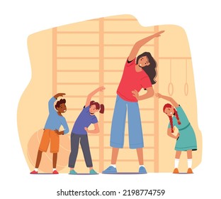 Profesora haciendo ejercicios con niños en gimnasia, entrenamiento de deportes infantil preescolar. Niñas y niños pequeños en jardines de infancia, clase elemental. Educadora mujer con personajes para bebés. Ilustración del vector de dibujos animados