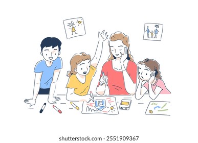 Professora da escola Montessori. Mulher com meninos e meninas. Aulas de arte para pré-escolares. Educação e aprendizagem, formação. Desenvolvimento das competências das crianças. Ilustração vetorial plana em arte de linha