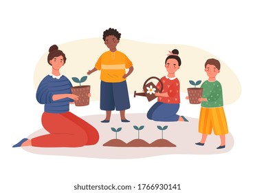 Teacher educating young kids about gardening and the importance of planting of new plants as she kneels on the ground with three kindergarten children, colored vector illustration