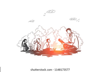 Teacher, education, knowledge, lesson concept. Hand drawn male teacher and pupils sitting outdoor concept sketch. Isolated vector illustration.