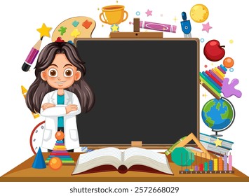 Teacher with educational tools and colorful elements