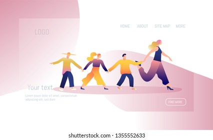 The teacher / educator leads the children. Flat vector illustration, template for website design, webpage.