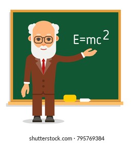 Teacher. Elderly male teacher stand on lesson at the blackboard in classroom. Professor showing elementary example. Man tutor points ? hand at the calculations. Illustration in flat style. Isolated