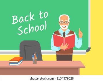 Teacher elderly man standing with open book at the blackboard in classroom. School class interior. Traditional education concept. Vector cartoon illustration. Back to school banner.