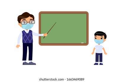Teacher and elementary school pupil with protective masks on their faces flat vector illustration. Teacher male and school boy standing at blackboard. Respiratory protection, allergies concept. Vector