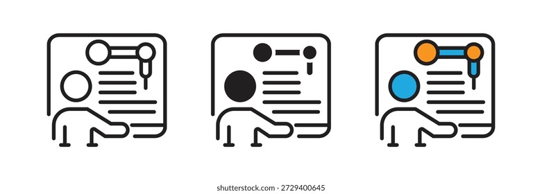 Teacher or engineer presenting industrial robotics education icons for training, learning, and automation workshop concepts.