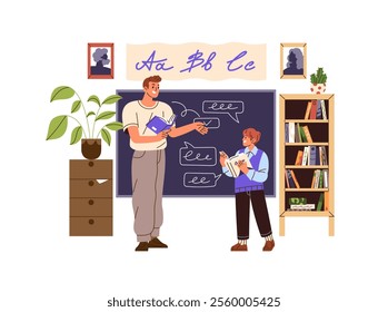 Teacher of English language explains at blackboard in classroom. Student learning literature at school lesson. Man teaches pupil in class. Flat isolated vector illustration on white background