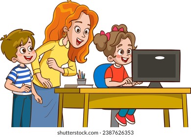 teacher explain about computer and internet to student.vector illustration of teacher and students having a lesson together