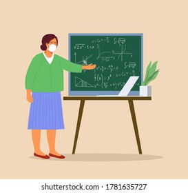 Teacher explain Lesson stand at blackboard with tasks written with chalk.  School Reopening with safety measures due to corona virus.Vector illustration.