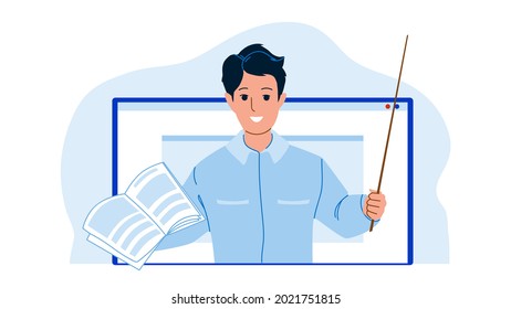 Teacher Explain Subject Theme From Laptop Vector. Young Man Teacher Explaining And Teaching Children Lesson From Computer Screen. Character Remote Education Flat Cartoon Illustration